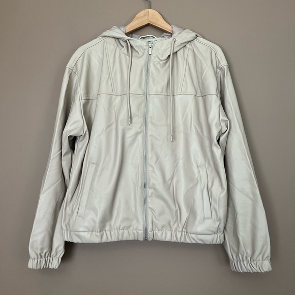 {Iris} Faux Leather Hooded Bomber Jacket in Oyster - Womens Large - NWT - Picture 1 of 10